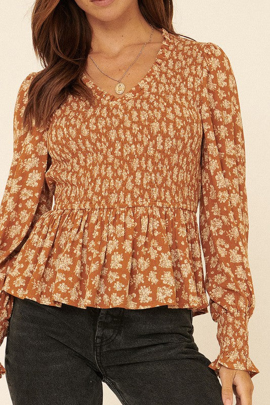 Rust Floral Print V Neck Smock Peplum Blouse