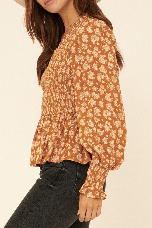 Rust Floral Print V Neck Smock Peplum Blouse