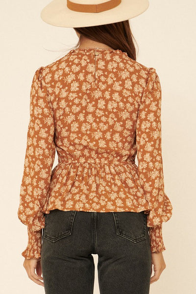 Rust Floral Print V Neck Smock Peplum Blouse