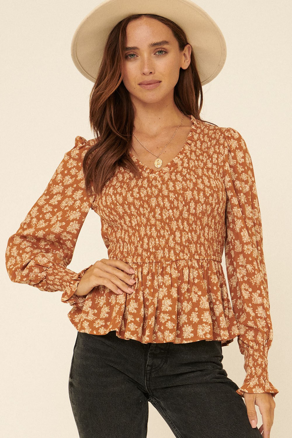 Rust Floral Print V Neck Smock Peplum Blouse