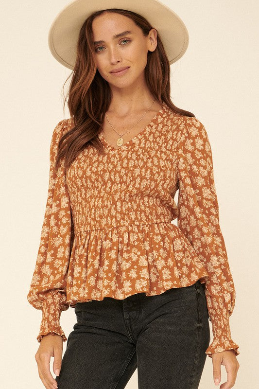 Rust Floral Print V Neck Smock Peplum Blouse