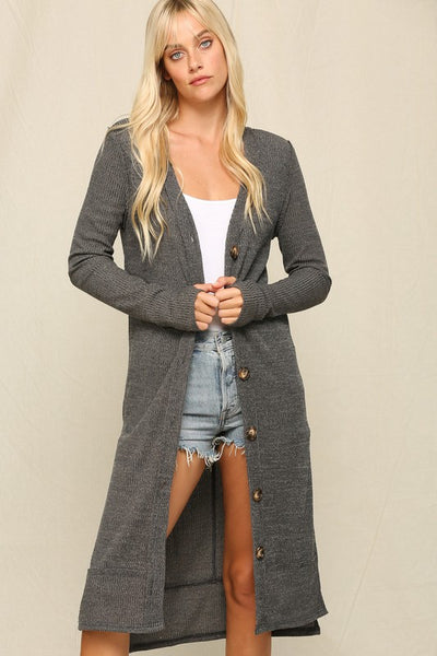 Distressed Ribbed Button Cardigan In Gray