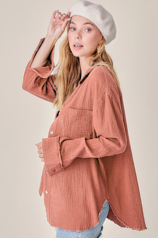 Raw Hem Button Down In Salmon